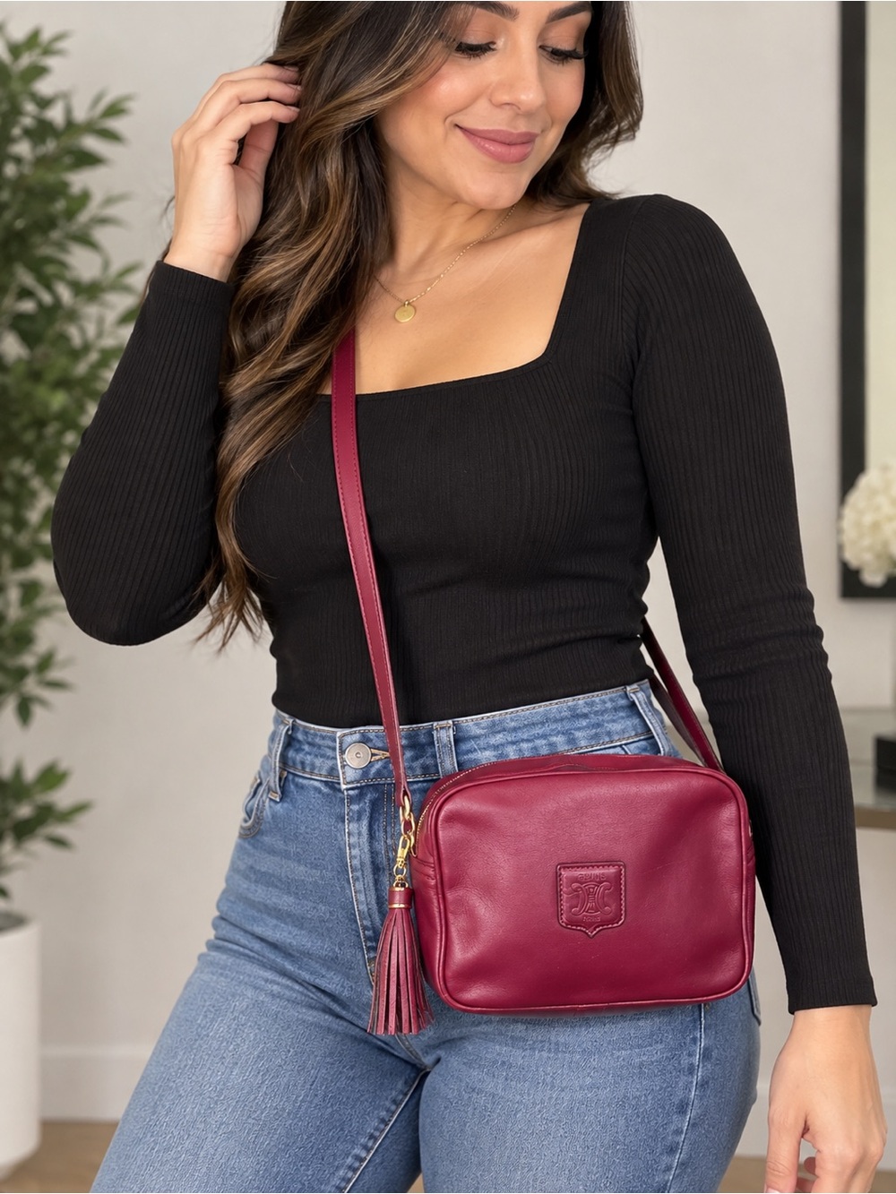 CELINE Paris leather Burgundy Zip Camera bag with Tassel